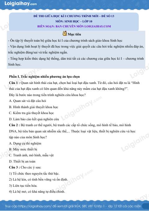 Đề thi giữa kì 1 Sinh 10 Kết nối tri thức - Đề số 13